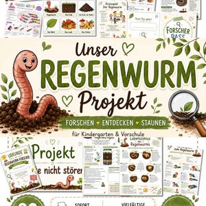 Könnte beinhalten: Ein Set aus Unterrichtsmaterialien mit dem Titel Unser Regenwurm Projekt, bestehend aus illustrierten Regenwürmern, Lebenszyklus-Diagrammen, Beobachtungsbögen und Forschungsaufgaben für Kinder, zusammengefasst als druckbares 82-seitiges digitales Paket.