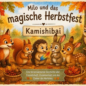 Pode incluir: Um conjunto de 10 cartões ilustrados intitulado Milo und das magische Herbstfest Kamishibai. A ilustração mostra uma raposa, esquilo, ouriço, coelho, veado e coruja numa floresta de outono com cestos, cogumelos e uma lanterna, com texto em alemão.