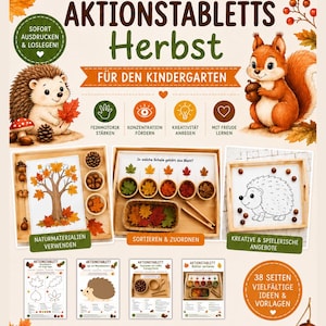 Può includere: Una risorsa educativa digitale intitolata 20 AKTIONSTABLETTS Herbst con attività a tema autunnale per bambini. Il documento include illustrazioni di un riccio e uno scoiattolo, compiti di smistamento con foglie e ghiande e 38 pagine di modelli stampabili.