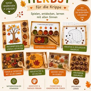 May include: A collection of 20 autumn-themed activity trays for children, featuring wooden trays filled with natural items like leaves, pinecones, and chestnuts. The image includes text in German, illustrations of a hedgehog, and various sensory play setups.