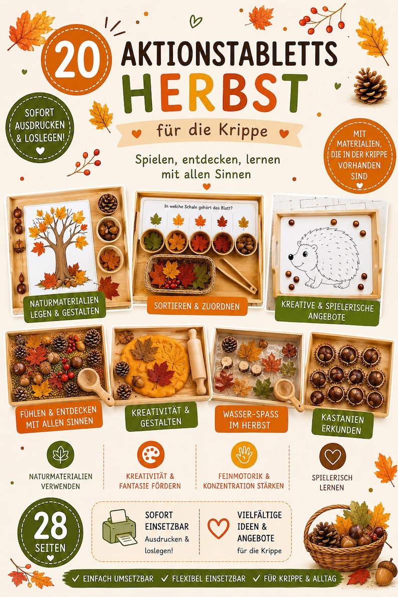 May include: A collection of 20 autumn-themed activity trays for children, featuring wooden trays filled with natural items like leaves, pinecones, and chestnuts. The image includes text in German, illustrations of a hedgehog, and various sensory play setups.