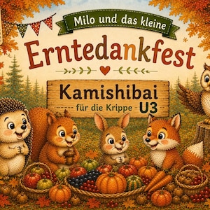 Pode incluir: Um conjunto de 6 cartões ilustrados intitulados Milo und das kleine Erntedankfest Kamishibai für die Krippe U3. A cena mostra um ouriço, esquilo, coelho, raposa e coruja rodeados por folhas de outono, abóboras e lanternas.