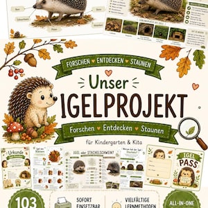 Puede incluir: Un conjunto de materiales educativos titulado Unser IGELPROJEKT con ilustraciones de erizos, hojas de otoño y setas. El paquete incluye hojas informativas, un certificado y un pasaporte de erizo, con un total de 103 páginas de contenido.