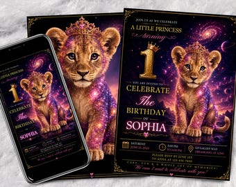 Galaxy Lion First Birthday Invite, Birthday Invitation, Printable & Mobile Digital Invite, 1st Birthday invitation template, Birthday Cards