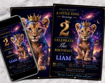 Invitación de cumpleaños de león galáctico, invitación de cumpleaños para niño de 2º cumpleaños, invitación de cachorro de león espacial, plantilla digital editable de cumpleaños de pequeño rey