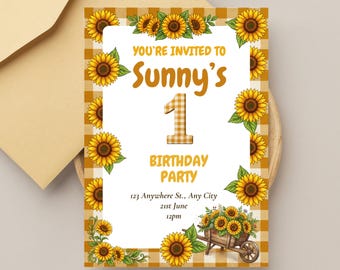 Zonnebloem 1e verjaardagsuitnodiging sjabloon, bewerkbare eerste verjaardagsuitnodiging digitaal, pastel Sunshine Party mobiele uitnodiging afdrukbare Evite