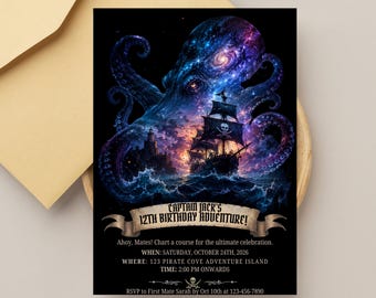 Sjabloon piraat verjaardagsuitnodiging, kosmische octopus verjaardagsfeestje uitnodigen, piratenschip Kraken uitnodiging, digitale telefoon Evite, bewerkbare pdf