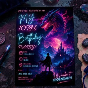 Verjaardagskaart met drakenthema, bewerkbare Canva-uitnodiging, neon fantasiefeestuitnodiging, digitale download, verjaardagskaart met drakenthema