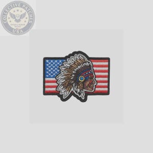 May include: An embroidered rectangular patch featuring a profile illustration of a person wearing a traditional feathered headdress, layered over a background of the American flag with red and white stripes and a blue field with white stars.