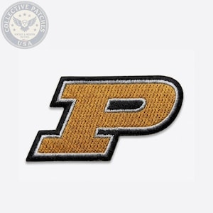 May include: An embroidered patch featuring the letter P in a bold, block-style font. The letter is filled with a textured gold thread, outlined in a thin white border, and finished with a thick black outer border against a plain white background.