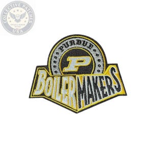 May include: An embroidered patch featuring the Purdue University logo with a black, gold, and white color scheme. The design includes a circular emblem with the letter P and the text Boilermakers in bold, stylized lettering across the bottom section.