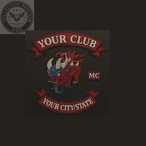 May include: A three-piece embroidered patch set featuring a central red and blue horned creature design. The top banner reads YOUR CLUB, the bottom banner reads YOUR CITY/STATE, and a small rectangular patch displays the letters MC in white.