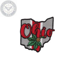 May include: An embroidered patch in the shape of the state of Ohio. The design features a gray and white vertical striped background with the word Ohio written in red cursive script. A green buckeye leaf with a brown center is layered over the text.