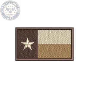May include: A rectangular embroidered patch featuring the Texas state flag design. The left section is dark brown with a single centered star, while the right side is divided horizontally into a top cream section and a bottom tan section.