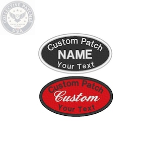 Könnte beinhalten: Zwei ovale gestickte Aufnäher. Der obere Aufnäher ist schwarz mit weißem Rand und weißem Text Custom Patch NAME Your Text. Der untere Aufnäher ist rot mit schwarzem Rand und schwarzem Text Custom Patch Custom Your Text.