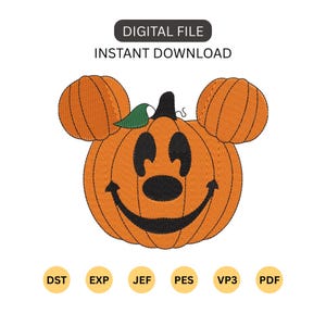 May include: A digital file instant download embroidery design featuring an orange pumpkin shaped like a mouse head with black eyes, a black nose, and a black smiling mouth. A small green leaf is attached to the top stem. File formats include DST, EXP, JEF, PES, VP3, and PDF.