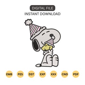 May include: Digital file instant download embroidery design featuring a white cartoon dog wearing a pink and white striped party hat, holding a smaller yellow cartoon bird also wearing a matching pink and white striped party hat. File formats include EMB, PES, DST, EXP, XXX, CND, and PDF.