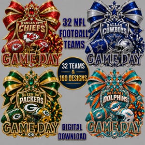 May include: A digital graphic featuring four NFL team designs including the Kansas City Chiefs, Dallas Cowboys, Green Bay Packers, and Miami Dolphins. Each design includes a jeweled bow, team shield, football, helmet, and the text GAME DAY.