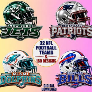 May include: A digital collection featuring 32 NFL football teams and 160 designs, including New York Jets, New England Patriots, Miami Dolphins, and Buffalo Bills logos with their respective team helmets and stylized text on a gradient background.