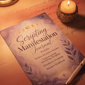 May include: A purple and white journal titled Scripting Manifestation Journal with a moon phase graphic, written intention tracker, empowerment journaling template, abundance scripting, and mindset workbook text, accompanied by a light-colored pen.