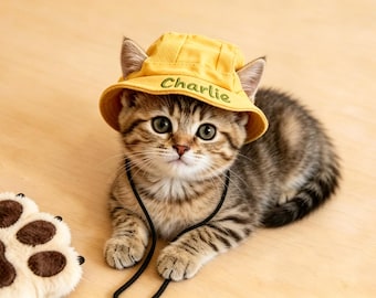 Custom Embroidered Name Bucket Hat for Cat, Adjustable Pet Sun hat, Personalized Fisherman Cap for Dogs & Cats, Custom Pet lover Gift