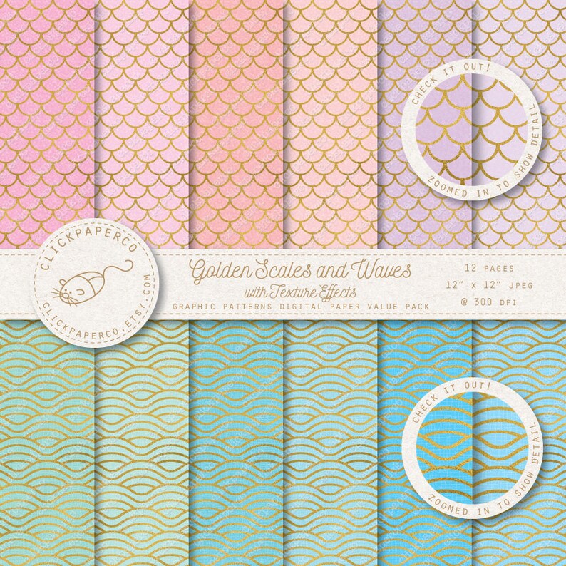 Gold Scales and Waves Mermaid Digital Paper with special Etsy