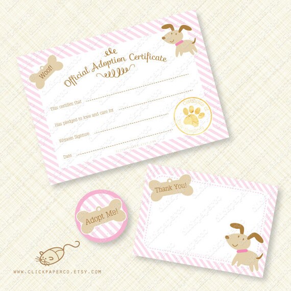 pink puppy printable adoption certificate kit pawty favor party favors stripes paw woof bone birthday instant download editable pdf digital blank adoption certificate