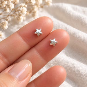 Può includere: Due piccoli orecchini a lobo in argento lucido a forma di stella. Ogni orecchino presenta un classico design a stella a cinque punte con una finitura metallica liscia e riflettente. Gli orecchini sono presentati come un paio.