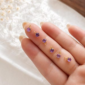 Könnte beinhalten: Sechs kleine, runde, violette Amethyst-Edelsteine in goldfarbenen Metallfassungen, jeweils mit einem winzigen runden Biegering an der Oberseite zur Befestigung. Die Steine sind in einer Reihe angeordnet und weisen einen facettierten Schliff auf.