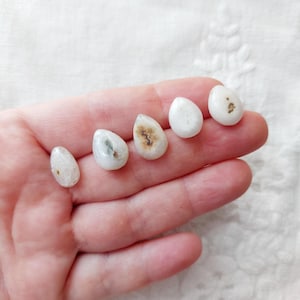 Peut inclure: Cinq petites pierres lisses en forme de goutte d'eau dans des tons blanc cassé et crème. Chaque pierre présente des inclusions naturelles uniques et subtiles, allant de légères taches brunes à des marques plus sombres au centre.