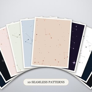 May include: A collection of ten rectangular cards arranged in a fan shape, each displaying a unique seamless pattern featuring constellations, stars, and celestial motifs in various colors including black, beige, white, blue, and green. The text 10 SEAMLESS PATTERNS is centered below the cards.
