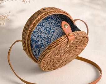 Sac Bali rond en rotin tressé à la main - Sac bandoulière style bohème chic - Sac été osier