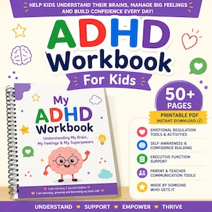 May include: A spiral-bound ADHD workbook for kids with a white cover featuring a cartoon brain character wearing glasses, colorful text, and illustrations of stars and clouds. The cover includes the title My ADHD Workbook and motivational text.