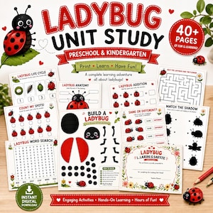 Pode incluir: Um conjunto educativo imprimível Ladybug Unit Study para pré-escola e jardim de infância com 40 páginas de atividades, incluindo ciclos de vida, anatomia, somas, labirintos, caça-palavras, correspondência de sombras e artesanato.