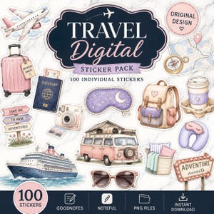 May include: A digital sticker pack featuring 100 travel-themed illustrations including a pink suitcase, airplane, passport, camera, cruise ship, camper van, backpack, sunglasses, sleep mask, neck pillow, and directional signs with the text TRAVEL Digital.