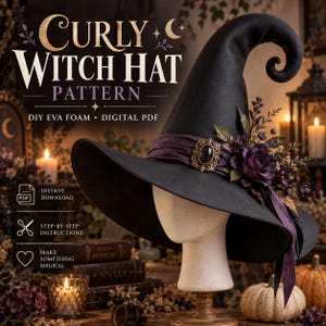 Puede incluir: Un sombrero de bruja negro con la punta curvada, adornado con una banda de tela morada oscura, un broche ovalado decorativo y detalles florales oscuros. El texto dice Curly Witch Hat Pattern, DIY EVA Foam, Digital PDF, Instant Download, Step-by-Step Instructions.
