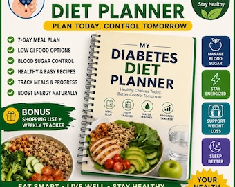 Könnte beinhalten: Ein spiralgebundener Diabetes-Diätplaner mit cremefarbenem Einband und dem Text My Diabetes Diet Planner, Healthy Choices Today, Better Control Tomorrow. Der Einband zeigt Symbole für Mahlzeiten-, Lebensmittel-, Wasser- und Fortschrittsverfolgung.