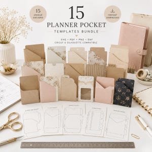 Puede incluir: Un paquete digital de 15 plantillas de bolsillos para agenda con varios diseños de papel, incluyendo kraft, floral, cuadrícula y colores sólidos. El set incluye archivos SVG, PDF, PNG y DXF para máquinas de corte, junto a muestras físicas y una regla.