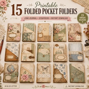May include: A collection of 15 printable folded pocket folders for junk journals and scrapbooks, featuring vintage-style designs with floral patterns, butterflies, maps, lace accents, and aged paper textures, presented in a grid layout with text.