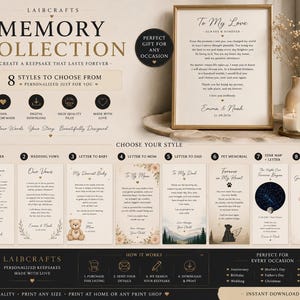 Puede incluir: Una colección de recuerdos digitales con ocho estilos personalizables que incluyen cartas de amor, votos matrimoniales y memoriales. La imagen muestra un ejemplo enmarcado con texto, iconos decorativos e instrucciones para una impresión personalizada.