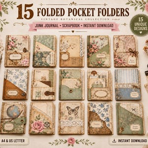 Può includere: Una collezione di 15 cartelline pieghevoli con motivi botanici vintage, disegni floreali e testo scritto a mano. Il set include varie texture di carta, dettagli in pizzo e illustrazioni di farfalle per progetti di scrapbooking.