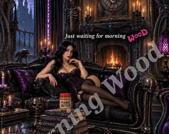 May include: A digital art print featuring the text Morning Wood Interior Decorator and Just waiting for morning Wood. The scene depicts a dark room with a fireplace, a portrait of a clown, and a person in a purple corset sitting on a sofa.