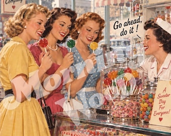 May include: A vintage-style advertisement featuring the text Morning Wood Lollypops. Three individuals in colorful dresses hold red, green, and yellow lollipops near a candy counter with glass jars filled with sweets and various signs.