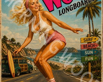 May include: A rectangular metal sign featuring a blonde person riding a longboard on a coastal road. The text reads Morning Wood Longboards, Surf, Beach, Sun, Fun, and Longboards, Asphalt and Morning Wood The Perfect Start To Any Day.
