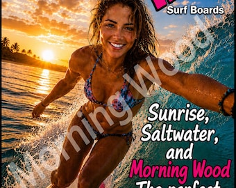 May include: A 2018 calendar page featuring a surfer on a board with the text Morning Wood Surf Boards, Sunrise, Saltwater, and Morning Wood The perfect start to any day. The image shows a person surfing at sunrise with ocean waves.