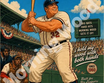 May include: A vintage-style poster featuring a baseball player in a white uniform with the number 32, holding a wooden bat. Text includes Morning Wood, Baseball Equipment, Big Bats Hard Hits Morning Wood Gets It Up, and Since 1960.