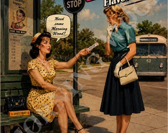 May include: A vintage-style advertisement poster featuring the text Morning Wood Flavored Gum. The image depicts two individuals at a bus stop, one in a yellow polka-dot dress and the other in a teal blouse and dark skirt, with a bus in the background.