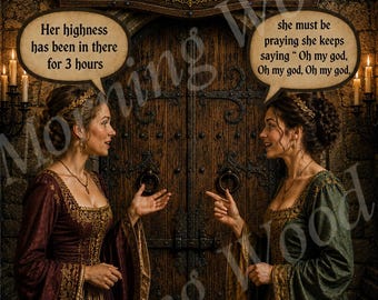 May include: A sign reading Morning Wood Room above a wooden door with two people in medieval-style dresses. Speech bubbles say: Her highness has been in there for 3 hours and she must be praying she keeps saying Oh my god, Oh my god, Oh my god.
