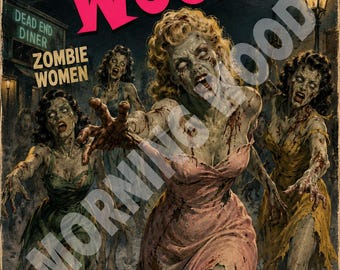 May include: A vintage-style poster featuring a group of zombies in tattered dresses under a full moon. Text reads: Morning Wood, Dead End Diner, Zombie Women, They Want Your Morning Wood ... And Something Else! The scene is dark and atmospheric.