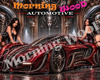 May include: A red sports car with intricate mechanical detailing and skull motifs on the wheels, positioned between two individuals in black outfits. The text Morning Wood Automotive is displayed above the vehicle in orange and pink.